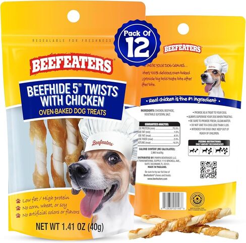 مكافآت الكلاب من Beefeaters - لحم البقر 5 بوصة تويست مع الدجاج 26 أونصة | طعام للكلاب عالي البروتين، قليل الدهون، غني بالفيتامينات والمعادن | يعزز نظافة الأسنان | علاجات تدريب الكلاب لجميع أحجام الكلاب in Kuwait