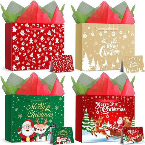 Pajean 4 Pack Christmas Gift Bags with Tissue Paper Greeting Card - 13 x 10.2 x 4.7 Inch Reusable Paper Large Xmas Goodie Bags with Handle for Winter Holiday Party Favors Gifts Wrapping(Classic) in Saudi Arabia
