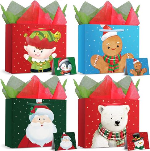 Pajean 4 Pack Christmas Gift Bags with Tissue Paper Greeting Card - 13 x 10.2 x 4.7 Inch Reusable Paper Large Xmas Goodie Bags with Handle for Winter Holiday Party Favors Gifts Wrapping(Classic) in Saudi Arabia
