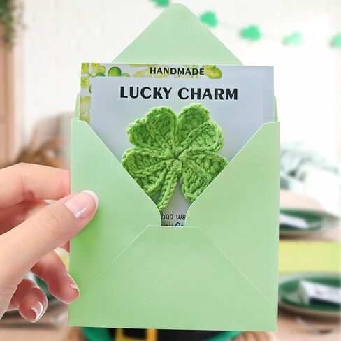 St. Patrick's Day Gifts,Irish Gifts with Card and Envelope, Lucky Charm, Handmade Finished Cute Crocheted Irish Four Leaf Clover Pocket Hug Token, Small Lucky Gift in Kuwait