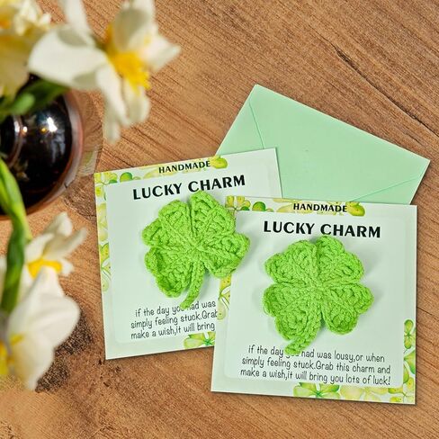 St. Patrick's Day Gifts,Irish Gifts with Card and Envelope, Lucky Charm, Handmade Finished Cute Crocheted Irish Four Leaf Clover Pocket Hug Token, Small Lucky Gift in Kuwait