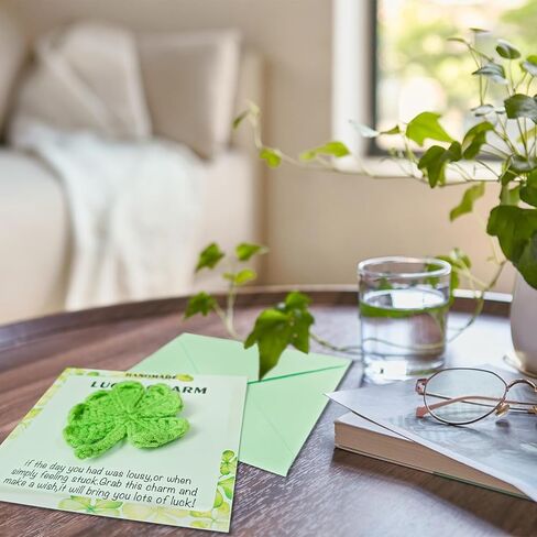 St. Patrick's Day Gifts,Irish Gifts with Card and Envelope, Lucky Charm, Handmade Finished Cute Crocheted Irish Four Leaf Clover Pocket Hug Token, Small Lucky Gift in Kuwait