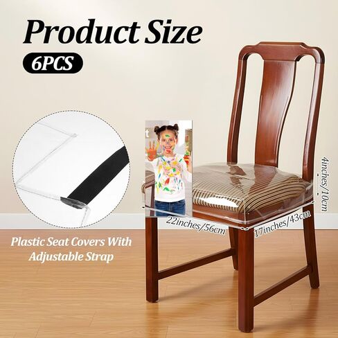 6 Pack Plastic Dining Chair Seat Covers, Reusable Thickened Soft PVC Seats Protector, Kitchen Chair Seat Protectors with Adjustable Belt Strap (22‘’ W x 17‘’ D) in Saudi Arabia