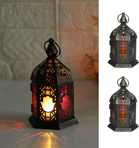 عبوتان من فانوس الشموع على الطراز المغربي، حامل شموع صغير مع ألواح زجاجية على شكل زهرة شفافة، فانوس معلق في الهواء الطلق لرمضان، مصباح معدني مزخرف للفناء وحفلات الزفاف 6.5 بوصة (أسود) in Kuwait
