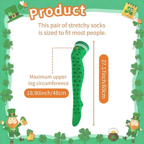 Heliltd St. Patrick’s Day Knee High Socks 3 Pairs, Unisex Green Shamrock Over the Knee Socks for Men Women, Thigh High Irish Socks for Party Parades Costume Festival in Saudi Arabia