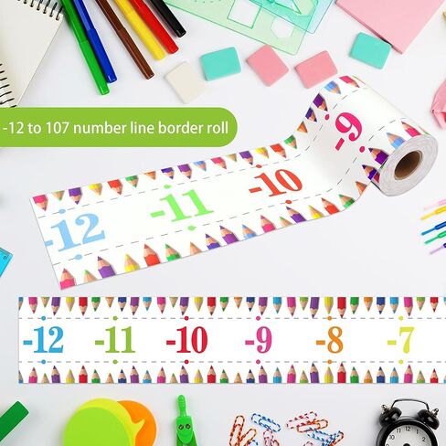 Lucleag 32.8 Feet Number Line Bulletin Board Border Roll, -12 to 107 Colorful Pencil Number Line Bulletin Border Numbers Borders Trim for School Classroom Office Bulletin Board Decoration in Saudi Arabia