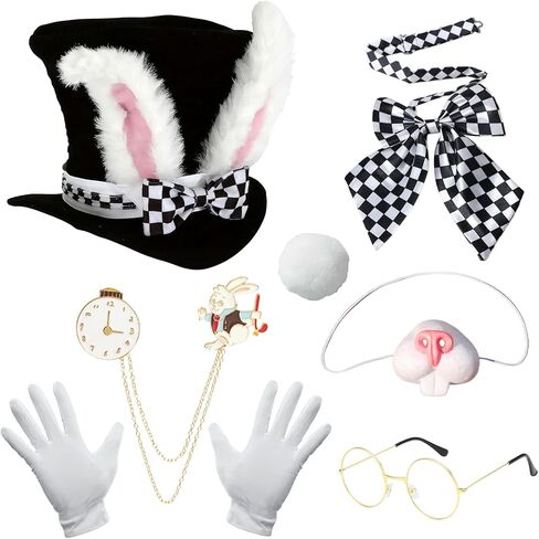 7 قطع عيد الفصح الأرنب الأبيض زي مجموعة للكبار عيد الفصح الأرنب الأذن أعلى قبعة القوس التعادل قفازات النظارات أرنب ساعة دبوس أرنب الأنف ذيل لجميع القديسين عيد الفصح تأثيري in Kuwait