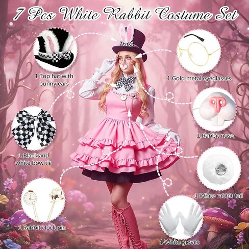 7 قطع عيد الفصح الأرنب الأبيض زي مجموعة للكبار عيد الفصح الأرنب الأذن أعلى قبعة القوس التعادل قفازات النظارات أرنب ساعة دبوس أرنب الأنف ذيل لجميع القديسين عيد الفصح تأثيري in Kuwait