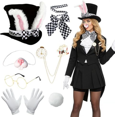 7 قطع عيد الفصح الأرنب الأبيض زي مجموعة للكبار عيد الفصح الأرنب الأذن أعلى قبعة القوس التعادل قفازات النظارات أرنب ساعة دبوس أرنب الأنف ذيل لجميع القديسين عيد الفصح تأثيري in Kuwait