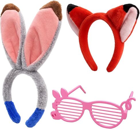 Fox and Bunny Ears Headband, 3 pcs Rabbit and Fox Ears Headdress Set with Pig Glasses, Animal-Themed Headbands for Adult Costume Events and Photo Shoots in Kuwait