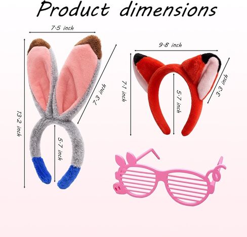 Fox and Bunny Ears Headband, 3 pcs Rabbit and Fox Ears Headdress Set with Pig Glasses, Animal-Themed Headbands for Adult Costume Events and Photo Shoots in Kuwait