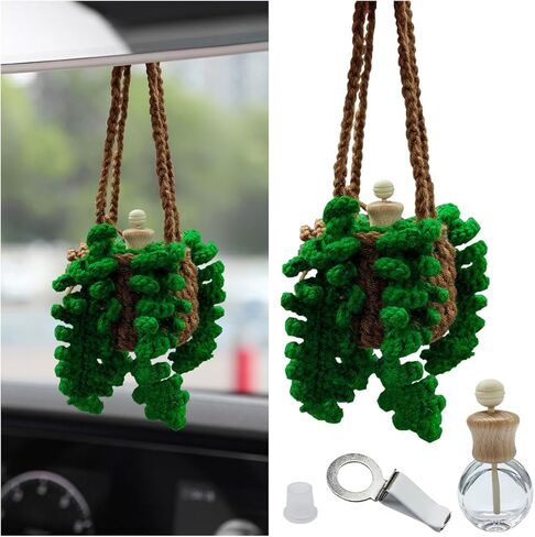 Crochet Hanging Plant Car Pendant - 12ml Empty Refillable Glass Bottle and Cute Potted Plant Car Rear View Mirror Charm - Handmade Knitted Ornament (Purple Flower) in Saudi Arabia