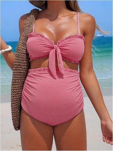 OYOANGLE Women's Maternity Swimsuits Plaid Gingham Bikini Set Tie Front Ruched High Waisted Bathing Suits in Saudi Arabia