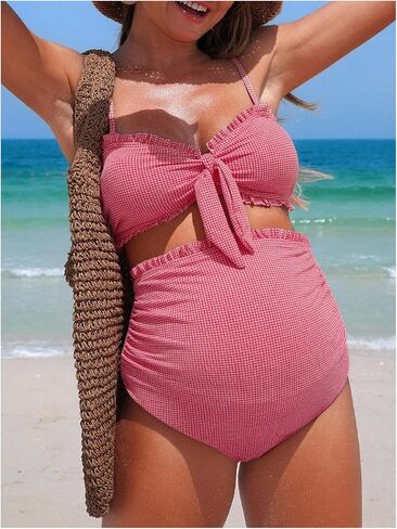 OYOANGLE Women's Maternity Swimsuits Plaid Gingham Bikini Set Tie Front Ruched High Waisted Bathing Suits in Saudi Arabia