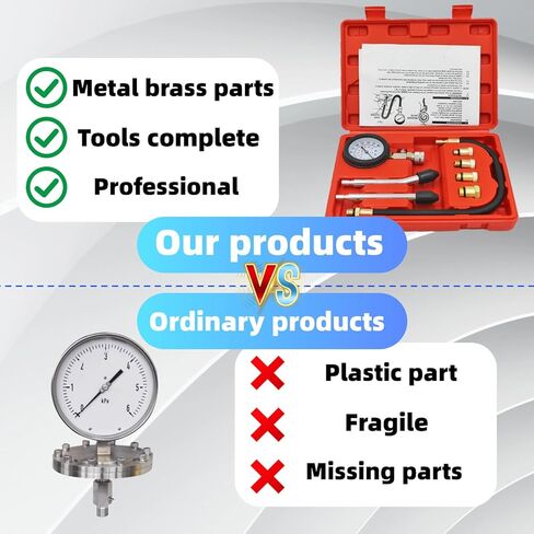طقم اختبار الضغط مكون من 8 قطع لمحركات الغاز، مقياس ضغط الأسطوانة 0-300 رطل لكل بوصة مربعة مع حقيبة - يناسب السيارة والدراجة النارية والمحرك الصغير والمركبة ATV in Kuwait