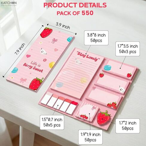 KatchOn, Life is Berry Sweet Sticky Notes Set - 550 Sheets | Strawberry Pattern Self-Stick Notes Pads, Cute Sticky Notes | Writing Memo Pads | Back to School Supplies | Sticky Notebooks for School in Saudi Arabia
