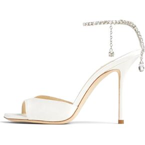 صنادل نسائية بكعب من BlingQueen بسلسلة كريستالية وشريط للكاحل وإبزيم من حجر الراين ومقدمة مفتوحة وكعب عالٍ وحفلات الزفاف من الساتان in Kuwait