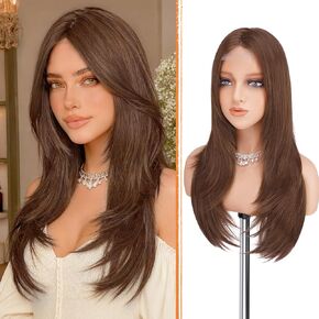 Haloo Brown Wig with Curtain Bangs - Lace Front Hairline Middle Part Long Layered Natural Looking Straight Synthetic Hair Wigs for Women Daily Party, 24 Inch Dark Brown in Kuwait