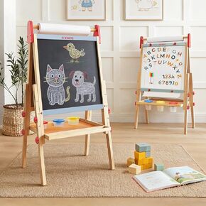 Kids Easel Wooden Marble Run for Kids, 4-in-1 Toddler Art Easel for Kids 3+ Painting Station Stand Drawing, Double-sided 6 Heights Black Chalkboard Magnetic Whiteboard Paper Roll Holder in Kuwait