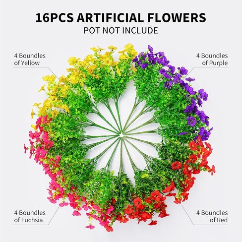 16 Bundles Artificial Fake Flowers Plants for Outdoors Spring Summer Decor,Faux Flowers Plant Silk Daisy UV Resistant for Outside Planters Front Porch Patio Yard Garden Home(Red,Purple,Yellow,Fuchsia) in Saudi Arabia