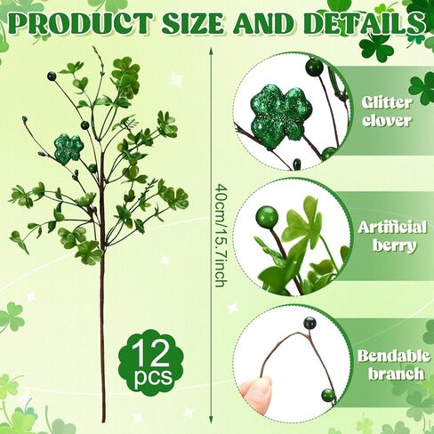 Giegxin 12 Pack 15.7 Inch Artificial Easter Flower Decorations Easter Egg Picks Colored Winter Jasmine Decorative Spring Floral Stems Flower Centerpieces for Table Home Decor(Shamrock) in Saudi Arabia