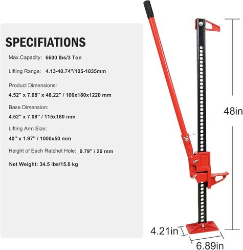 48'' Heavy Duty Farm Jack, 6600 LBS Capacity Off Road Bumper Jack, Ratchet Operated High Lift Jack for Truck SUV Tractor in Kuwait