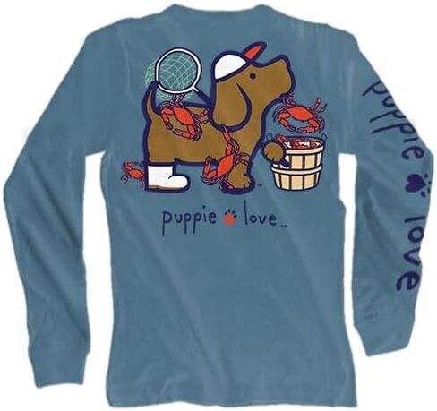 تي شيرت Puppie Love بأكمام طويلة، تصميم على شكل سرطان البحر، أزرق، طباعة جرافيك، مقاس متوسط in Kuwait