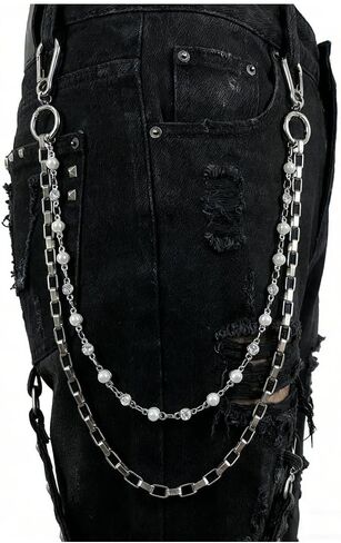 Gothic Pearl Jean Chain for Men & Women - Punk Style Metal Wallet Chain with Pearl Accents, Heavy Duty Biker Pants Chain, Silver Hip Hop Pocket Accessory in Saudi Arabia