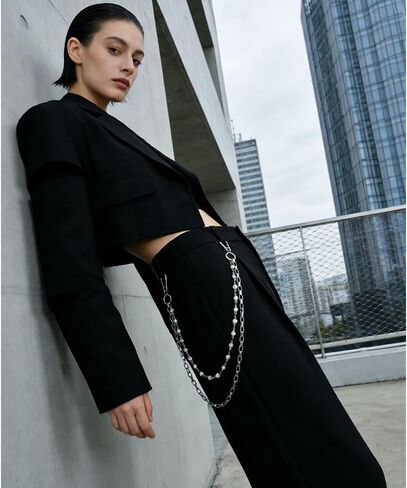 Gothic Pearl Jean Chain for Men & Women - Punk Style Metal Wallet Chain with Pearl Accents, Heavy Duty Biker Pants Chain, Silver Hip Hop Pocket Accessory in Saudi Arabia