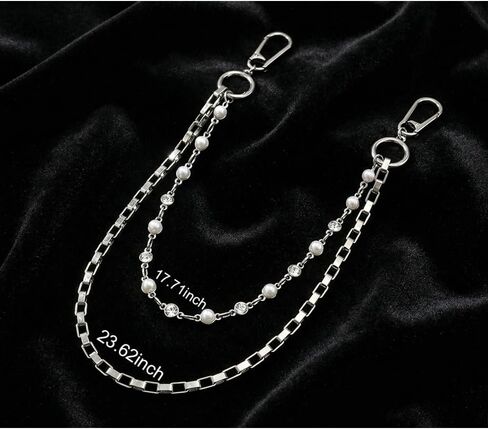 Gothic Pearl Jean Chain for Men & Women - Punk Style Metal Wallet Chain with Pearl Accents, Heavy Duty Biker Pants Chain, Silver Hip Hop Pocket Accessory in Saudi Arabia