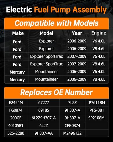 مجموعة وحدة مضخة الوقود الكهربائية OKLPF متوافقة مع 2006 2007 2008 2009 Ford Explorer Mercury Mountaineer V6 4.0L V8 4.6L، 2007-2009 Explorer SportTrac V6 4.0L V8 4.6L، استبدل SP2108M E2454M in Saudi Arabia