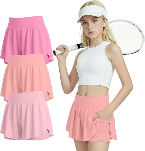 3 Pack Girl's Flowy Athletic Shorts Butterfly Dance Elastic High Waist Skorts 2 in 1 Yoga Sport Skirts with Pockets in Saudi Arabia