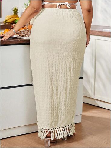 SHENHE Women's Plus Size Twist Front High Slit Fringe Skirt Beach Boho Tassel Maxi Skirt in Saudi Arabia