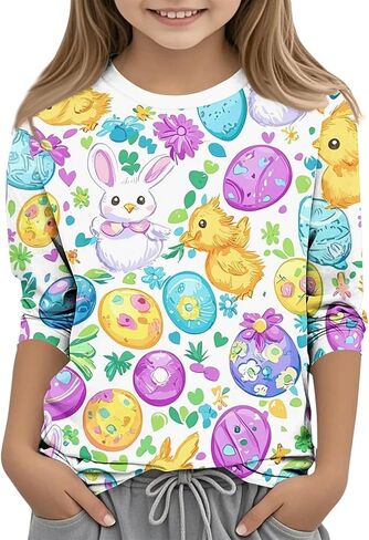 Girls Boys Easter Bunny Tshirt Kids Funny Rabbit Easter Egg Graphic Tee Cute Easter's Festival Print Tops 3-13 Years in Saudi Arabia