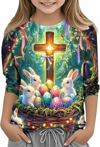 Girls Boys Easter Bunny Tshirt Kids Funny Rabbit Easter Egg Graphic Tee Cute Easter's Festival Print Tops 3-13 Years in Saudi Arabia
