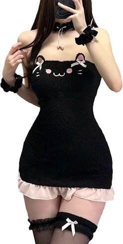 Lolita Cat Lingerie Women's Off Shoulder Role Play Naughty Outfits Fuzzy Bodycon Halloween Cosplay Dress Costume in Saudi Arabia