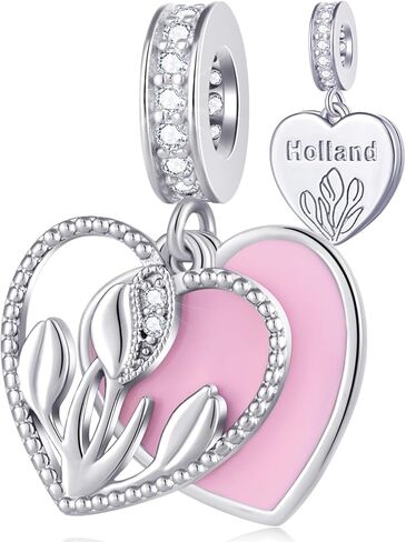 Holland Tulip Flower Pendant Charm fits Pandora Women Bracelet, 925 Sterling Silver Netherlands Floral Bloom Pink Enamel Heart Dangle CZ Beads, Gift for Wife/lover/Valentines Day in Saudi Arabia