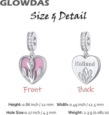 Holland Tulip Flower Pendant Charm fits Pandora Women Bracelet, 925 Sterling Silver Netherlands Floral Bloom Pink Enamel Heart Dangle CZ Beads, Gift for Wife/lover/Valentines Day in Saudi Arabia