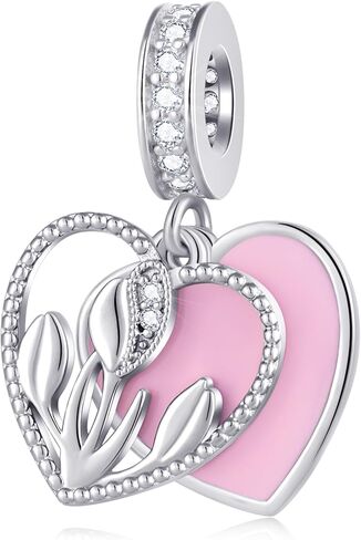 Holland Tulip Flower Pendant Charm fits Pandora Women Bracelet, 925 Sterling Silver Netherlands Floral Bloom Pink Enamel Heart Dangle CZ Beads, Gift for Wife/lover/Valentines Day in Saudi Arabia