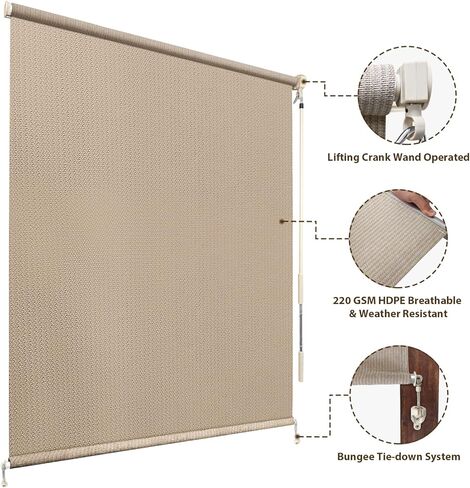 Outdoor Roller Shades for Patio, 5' W x 8' H Exterior Cordless Roll Up Blinds with 2 Poles & 1 Fabric, Outdoor Sun Shade Cloth for Porch, Gazebo, Balcony, Pergola, Mocha in Saudi Arabia