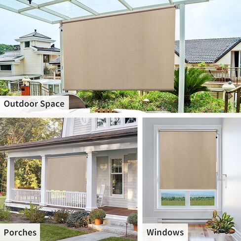 Outdoor Roller Shades for Patio, 5' W x 8' H Exterior Cordless Roll Up Blinds with 2 Poles & 1 Fabric, Outdoor Sun Shade Cloth for Porch, Gazebo, Balcony, Pergola, Mocha in Saudi Arabia