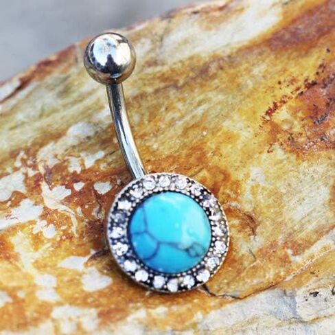 Pierced Owl 14GA 316L Stainless Steel Antique Jeweled Turquoise Belly Button Ring in Saudi Arabia
