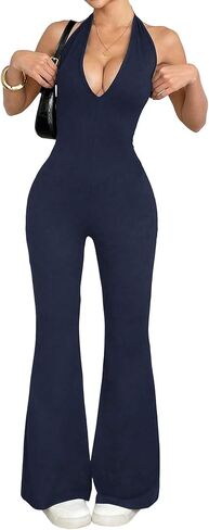 Jumpsuits for Women Halterneck Dressy Sexy V-Neck Sleeveless One Piece Backless Body Yoga Flared Jumpsuits Streetwear in Saudi Arabia