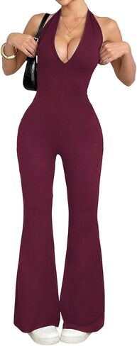 Jumpsuits for Women Halterneck Dressy Sexy V-Neck Sleeveless One Piece Backless Body Yoga Flared Jumpsuits Streetwear in Saudi Arabia