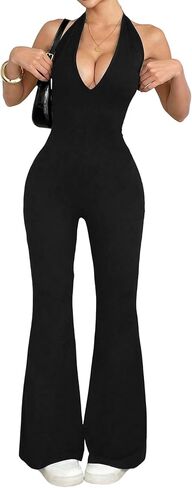 Jumpsuits for Women Halterneck Dressy Sexy V-Neck Sleeveless One Piece Backless Body Yoga Flared Jumpsuits Streetwear in Saudi Arabia