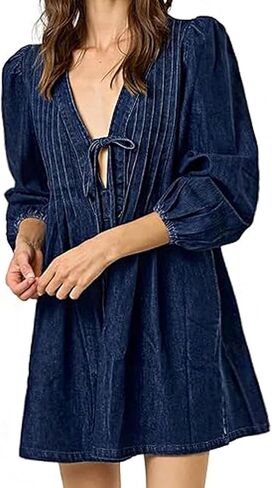 yoeasy Women's V Neck Denim Romper Shorts Puff Sleeve Tie Front Pleated Ruffle Casual Loose Jean Overall in Saudi Arabia