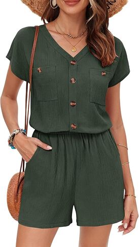MISFAY Rompers for Women 2026 Summer Short Sleeves Buttons Down V Neck Casual Jumpsuits with Pockets in Kuwait