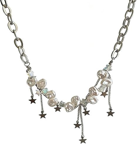 Silver Baroque Pearl Star Tassel Necklaces, Adjustable Chunky Chain Choker Necklaces, Layered Y2k Statement Jewelry Gifts for Women Teen Girls in Kuwait