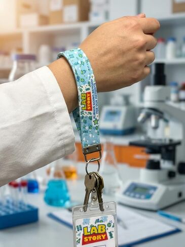 2026 Lab Week Official Theme Handmade Cloth Keychain with Metal Clasp, Light Blue Background with Lab Themed Icon Pattern, Lab Week Gift in Saudi Arabia