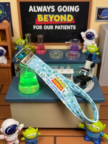 2026 Lab Week Official Theme Handmade Cloth Keychain with Metal Clasp, Light Blue Background with Lab Themed Icon Pattern, Lab Week Gift in Saudi Arabia